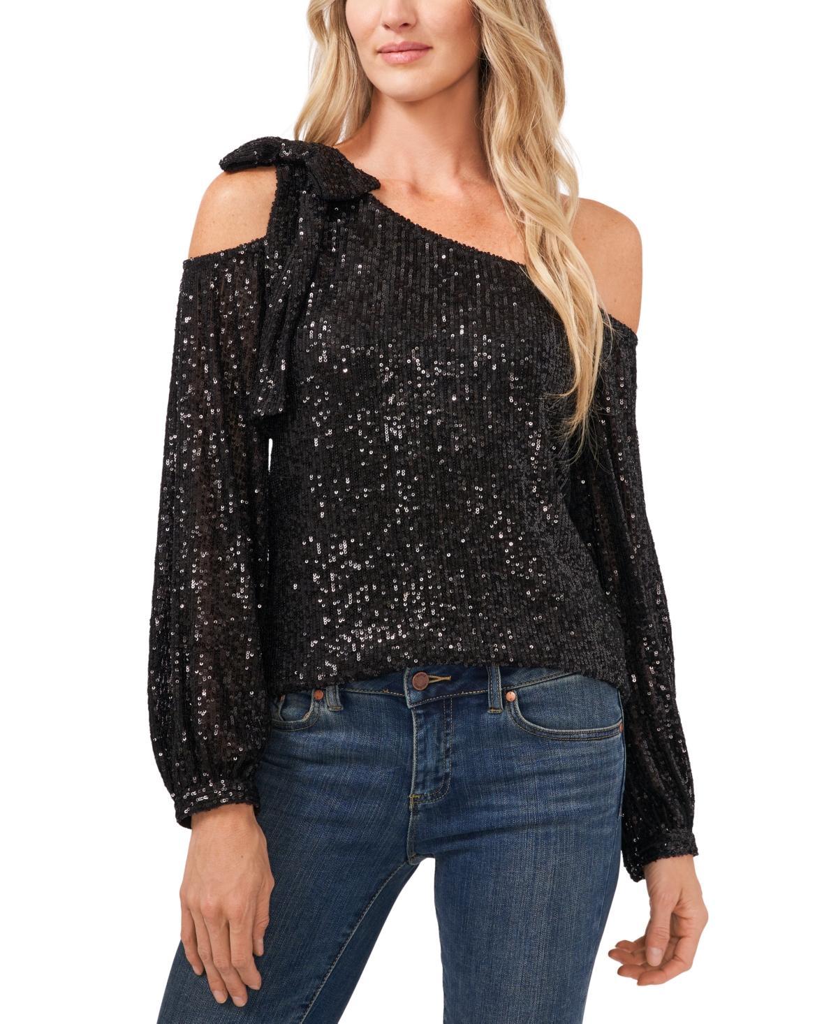 CeCe Sequin One Shoulder Top (Dark Wine) Women's Clothing product image