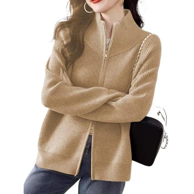 Stand Collar Plain Ribbed Zip Cardigan Product Image