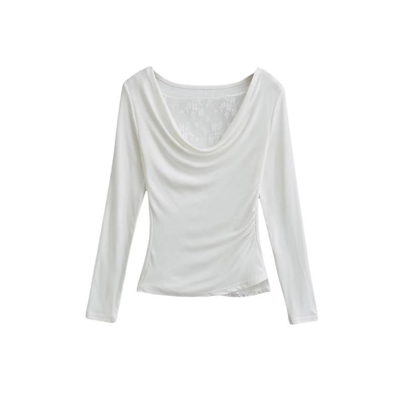 Long Sleeve Cowl Neck Plain Ruched Panel Lace Top Product Image