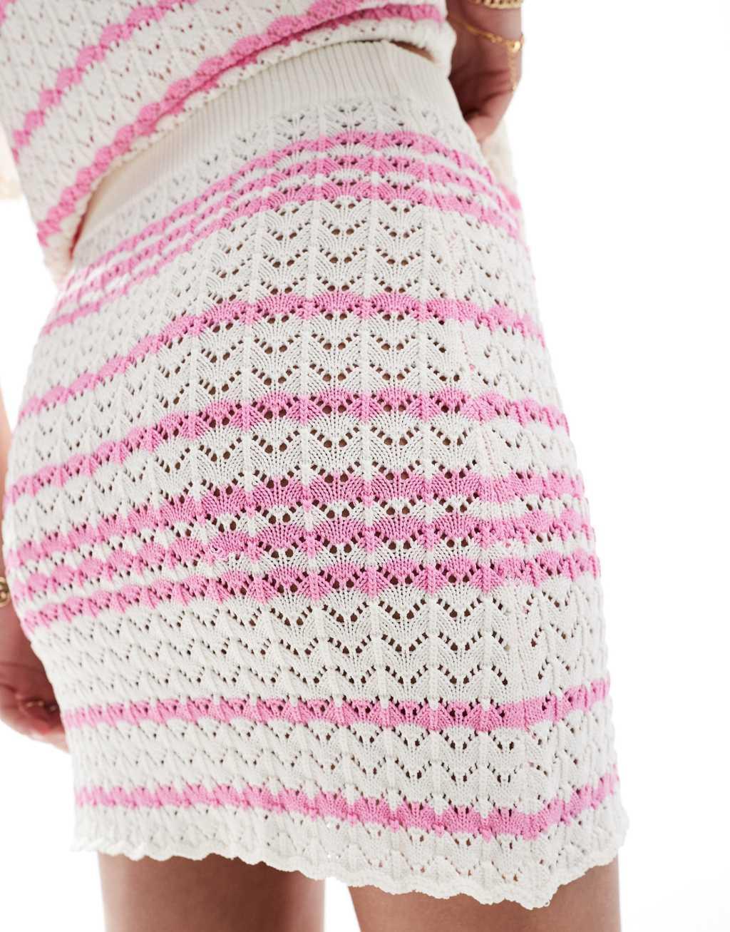 Miss Selfridge crochet contrast knit mini skirt in cream with pink - part of a set Product Image