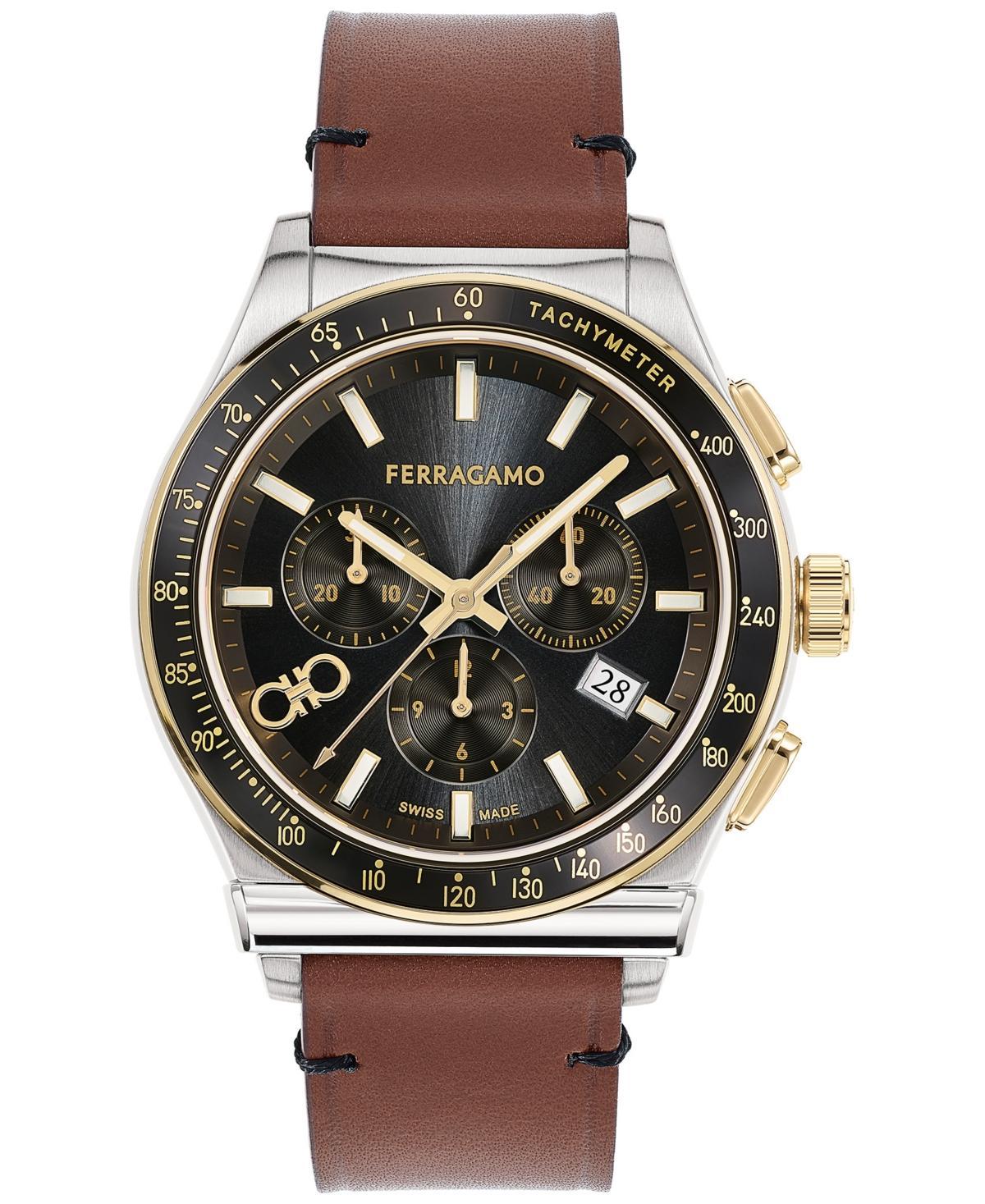 Salvatore Ferragamo Mens 1927 Swiss Chronograph Brown Leather Strap Watch 42mm - Stainless Steel Product Image