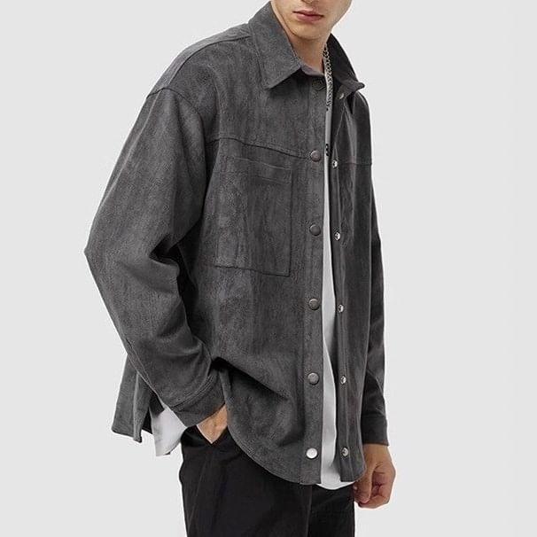 Plain Button-Up Faux Suede Shirt Jacket Product Image