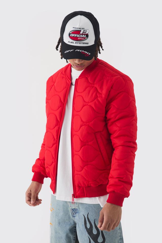 Official Quilted Bomber In Red | boohooMAN USA Product Image