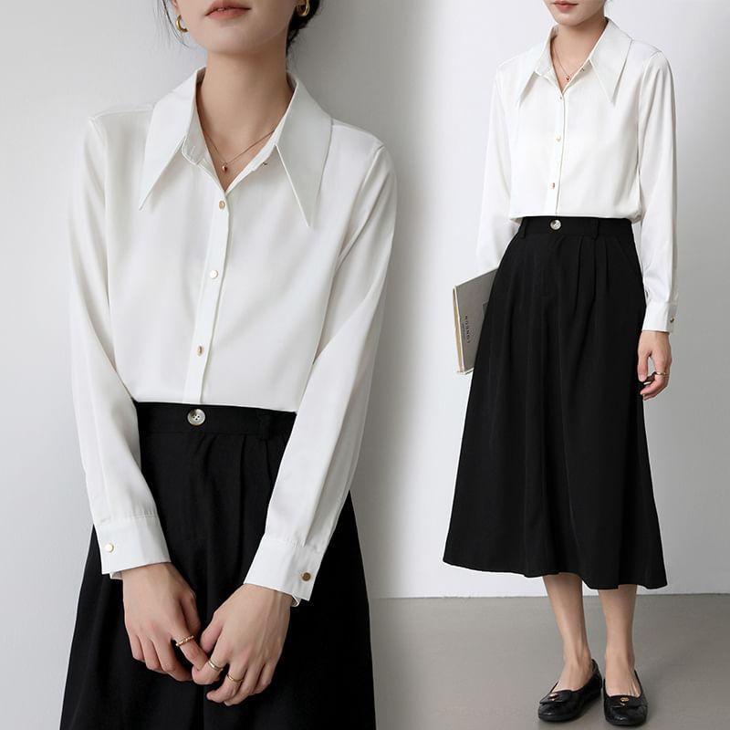 Long-Sleeve Satin Plain Shirt Product Image