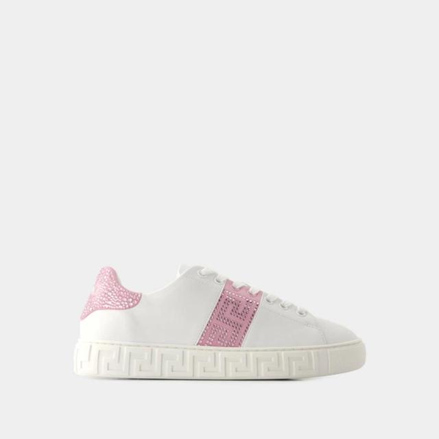 Greca Crystal-embellished Leather Trainers In Pink Product Image