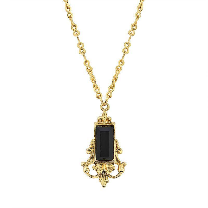 1928 Gold Tone Black Simulated Stone Filigree Pendant Necklace, Womens Product Image