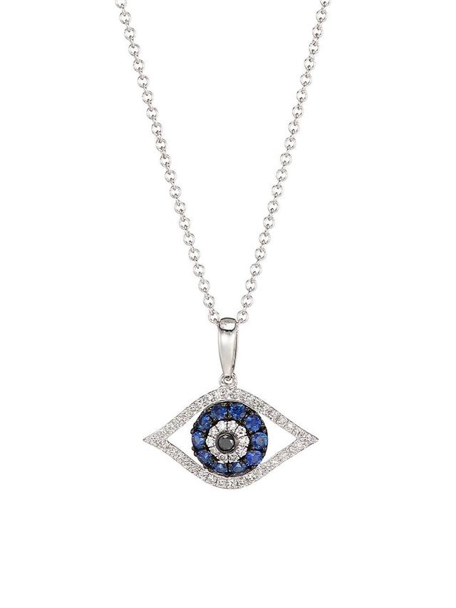 Womens 14K White Gold, 0.14 TCW Diamond & Sapphire Evil Eye Pendant Necklace Product Image