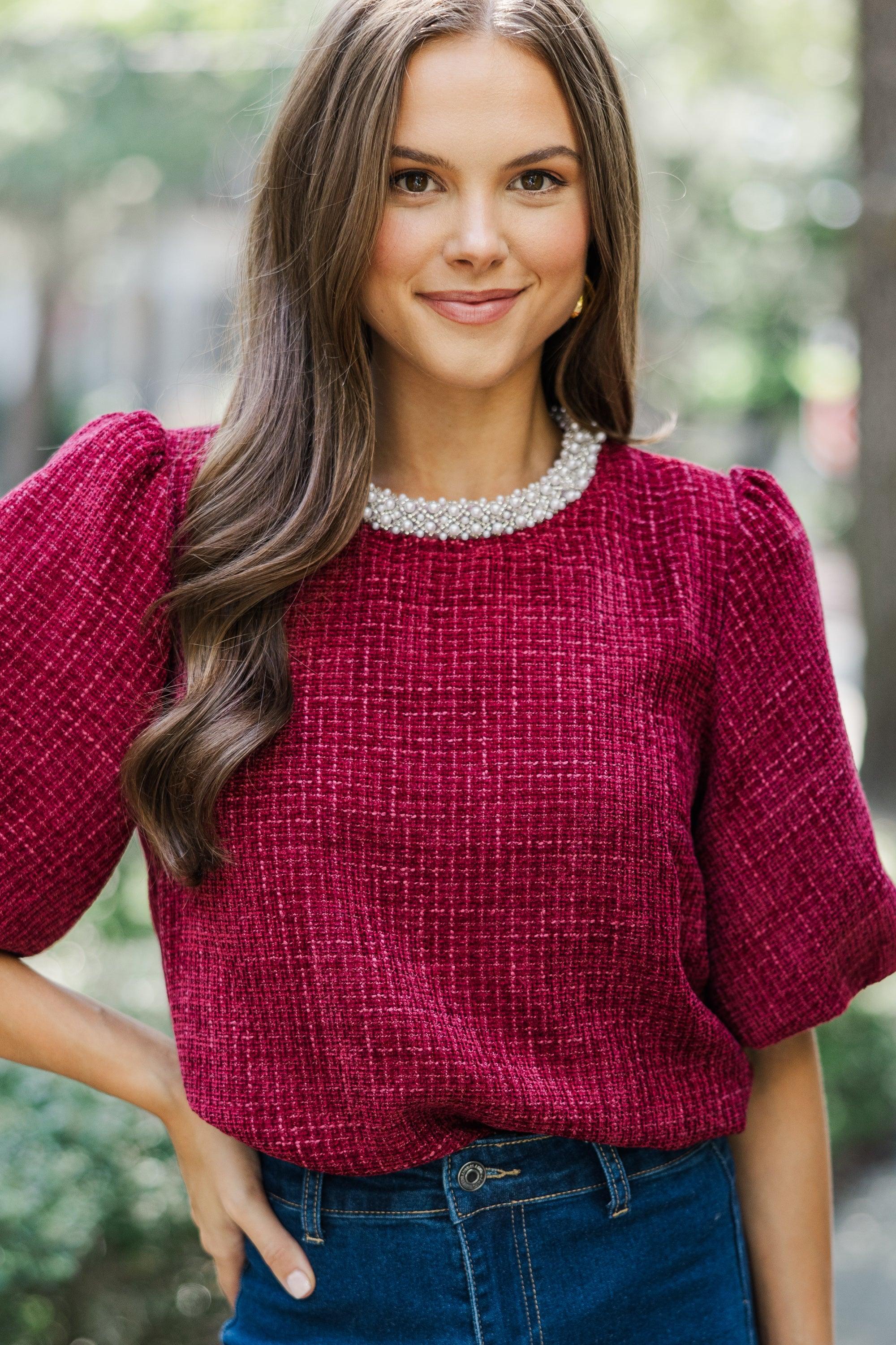 Calling On You Burgundy Red Tweed Blouse Female Product Image