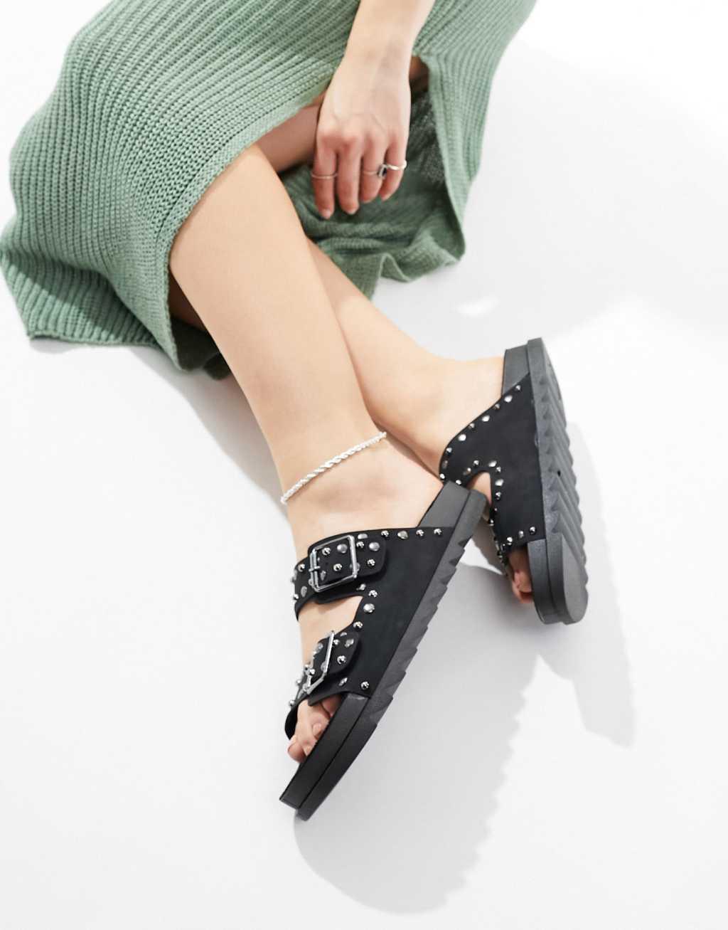 ASOS DESIGN Wide Fit Fantasy studded flat sandal in black Product Image