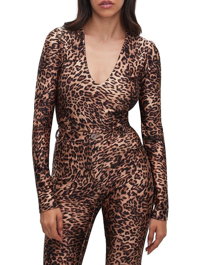 Good American Plus Size High Shine Compression Leopard Scoop Neck Long Sleeve Bodysuit Product Image