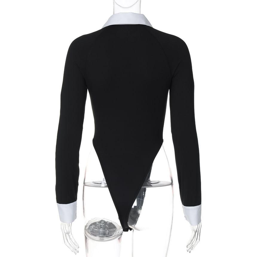 Long-Sleeve Collared Contrast Trim Bodysuit Top Product Image