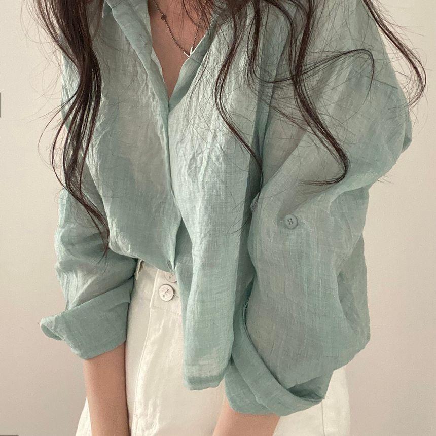 Long-Sleeve Sheer Cropped Shirt Product Image