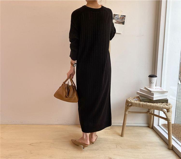 Long Sleeve Crew Neck Plain Ribbed Knit Bodycon Midi Sweater Dress Product Image