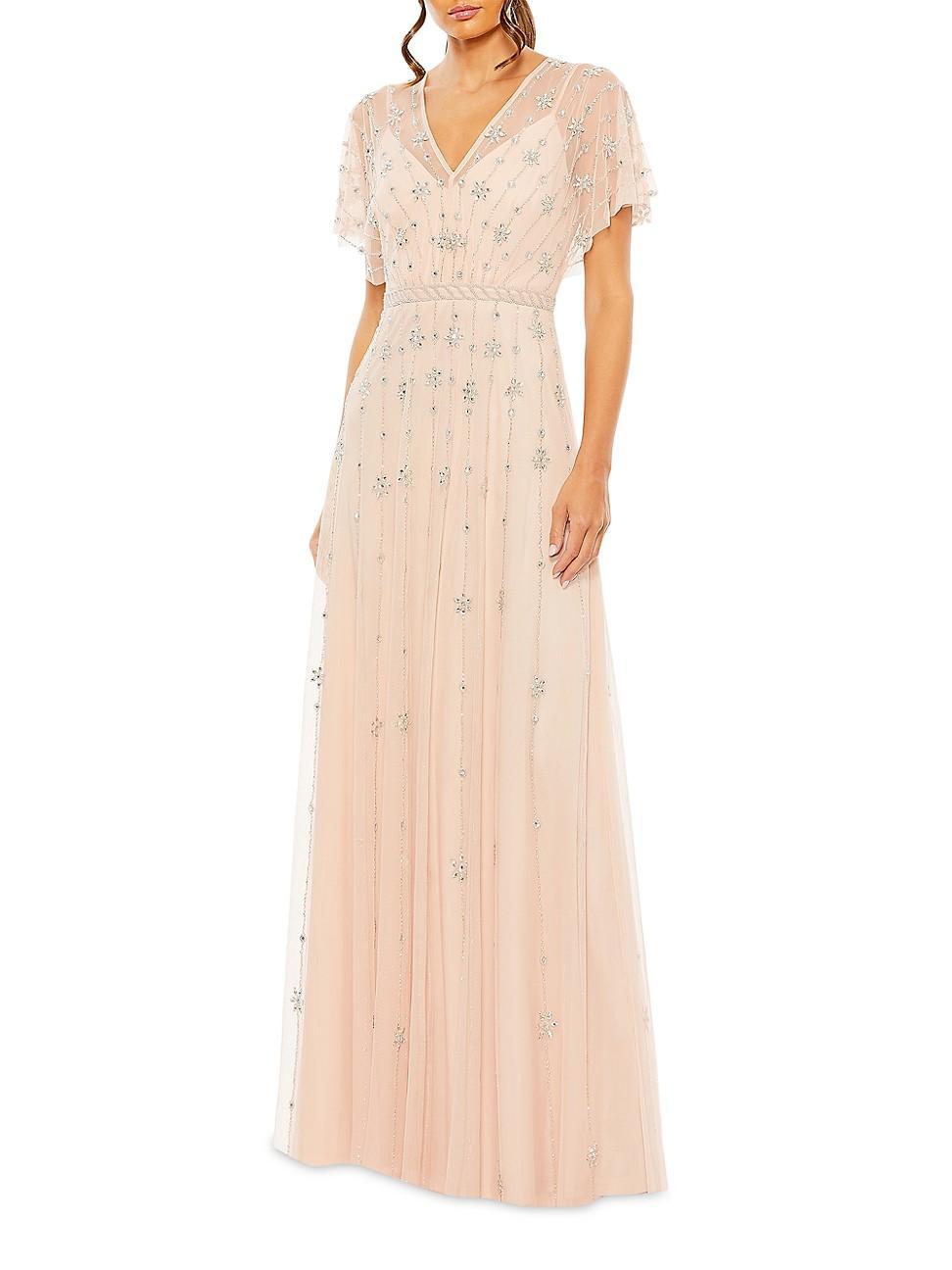 Womens Crystal-Embellished Flutter-Sleeve A-Line Gown Product Image