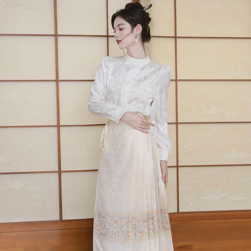 Long-Sleeve Mandarin Collar Floral Blouse / High Rise Maxi Ma Mian Skirt Product Image