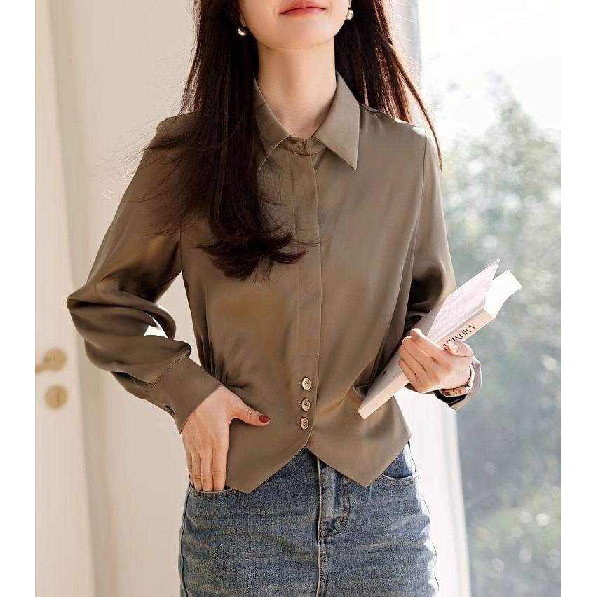 Long-Sleeve Plain Crop Shirt Product Image