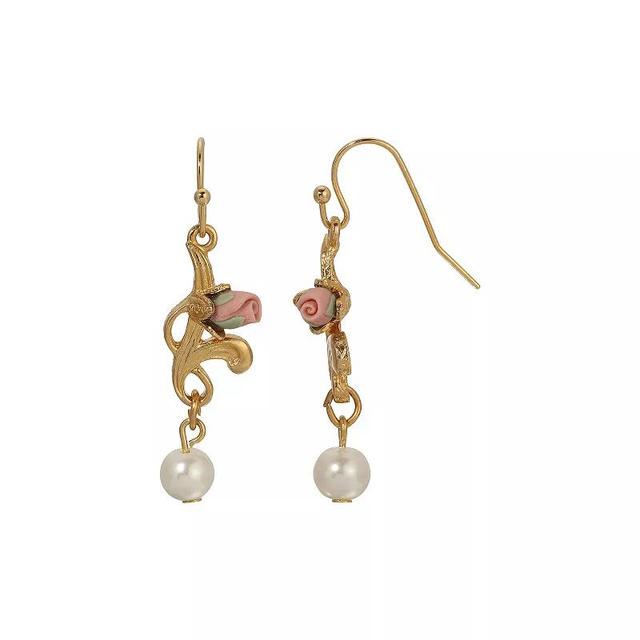 1928 Gold Tone Simulated Pearl & Porcelain Rose Drop Earrings, Womens, White Product Image