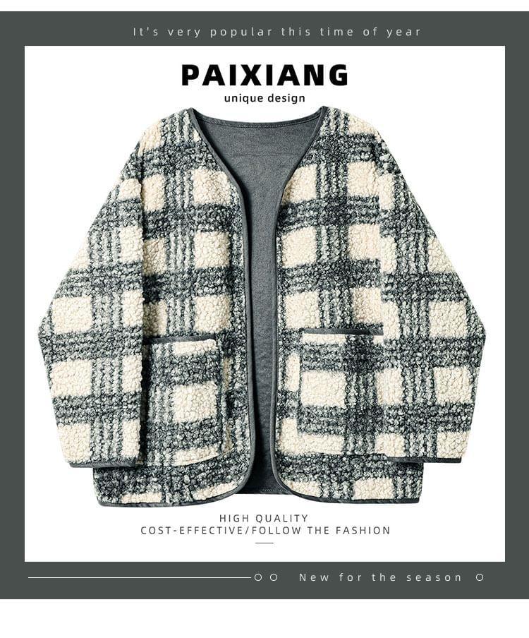 Plaid Fleece Open Front Jacket Product Image