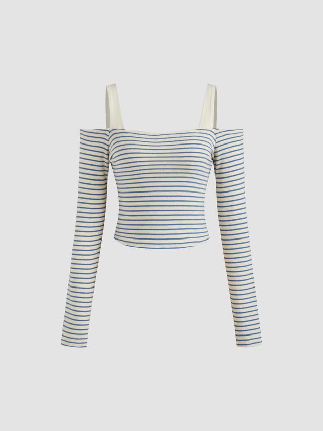 Cotton-blend Off-shoulder Striped Long Sleeve Top Product Image