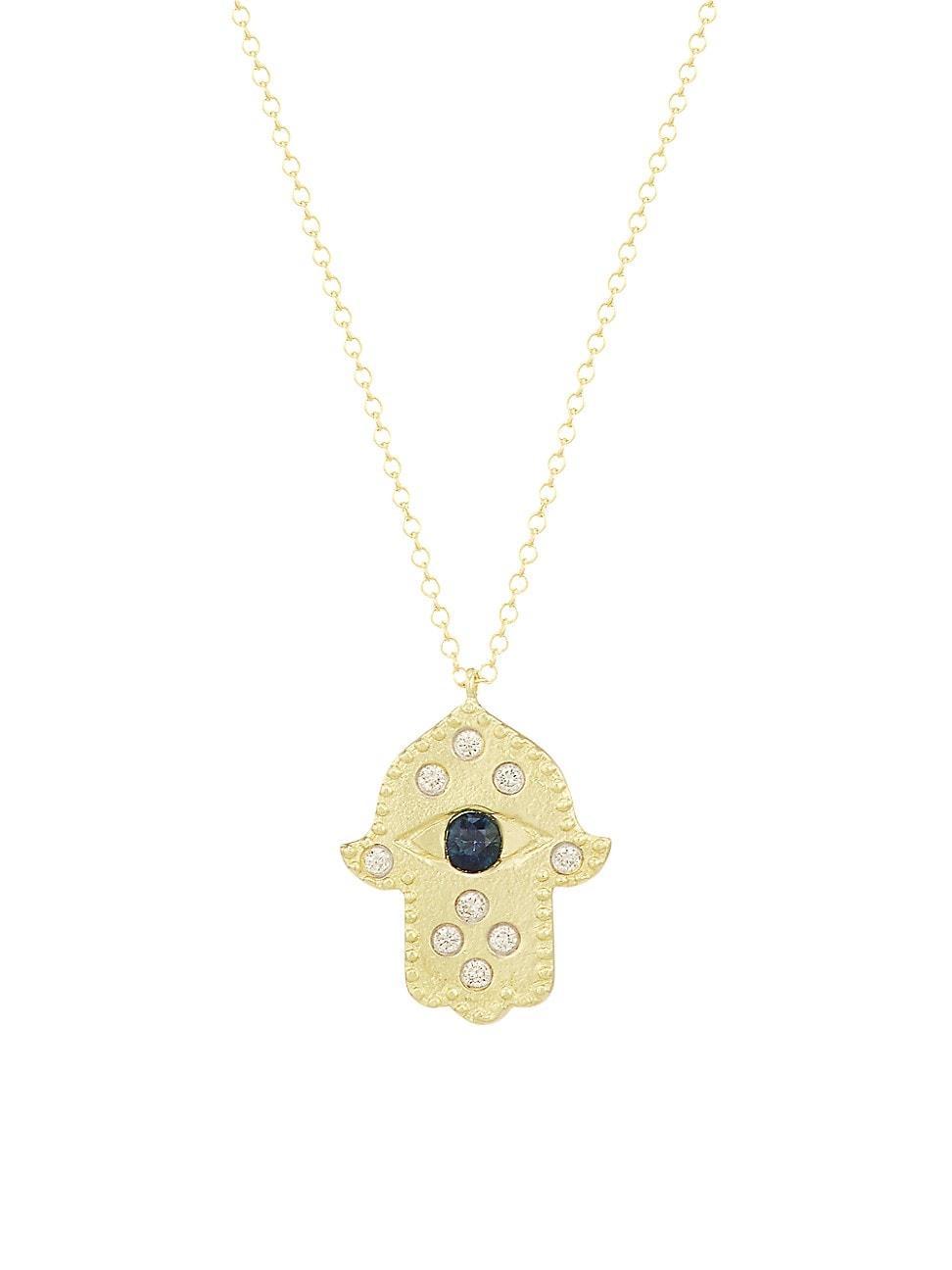 Womens 14K Yellow Gold, Diamond & Sapphire Hamsa Hand Pendant Necklace Product Image