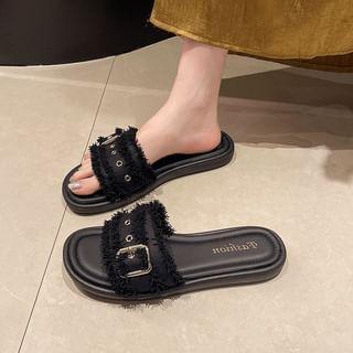 Buckled Fringed Trim Slide Sandals Product Image