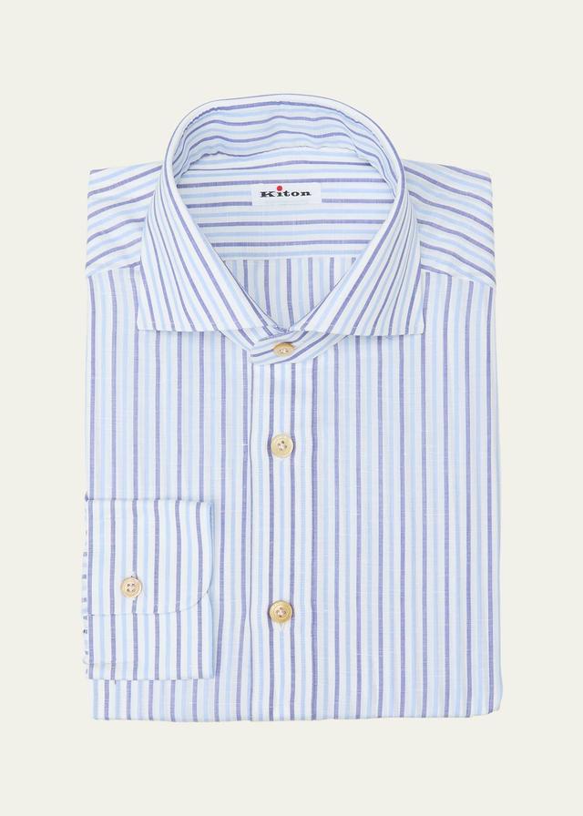 Mens Cotton-Linen Stripe Dress Shirt Product Image