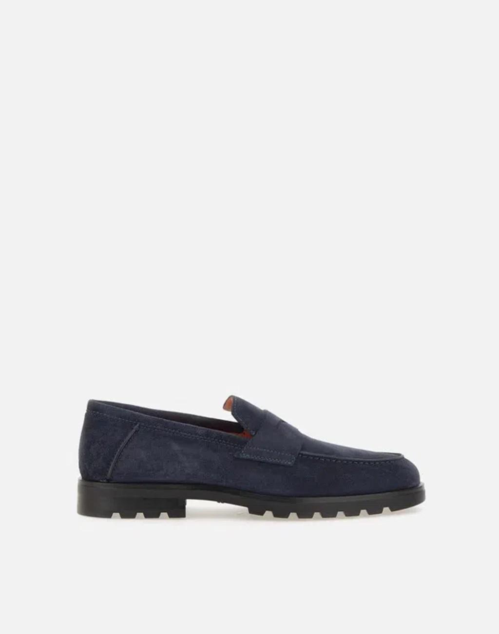 SANTONI Men's Rock Suede Lug Sole Penny Loafers In Navy Product Image