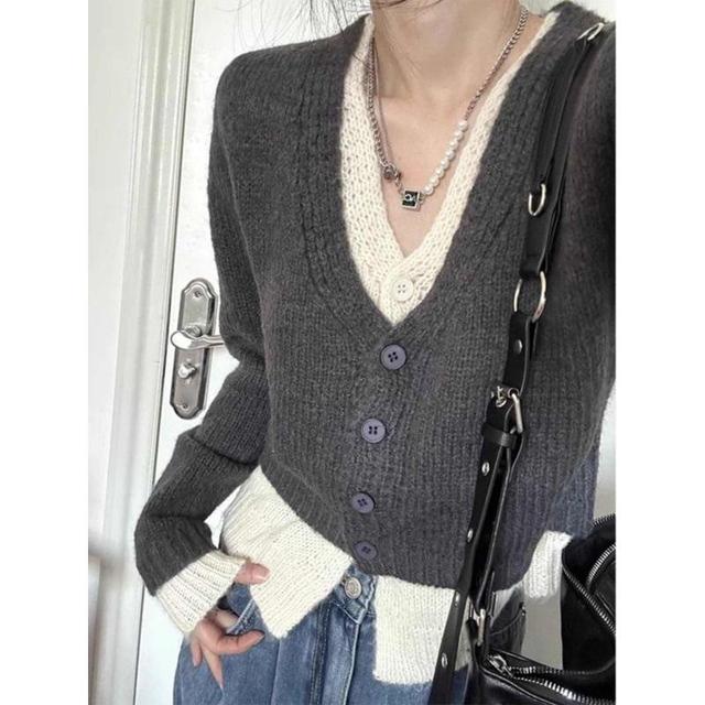 V-Neck Two Tone Mock Two-Piece Cardigan Product Image