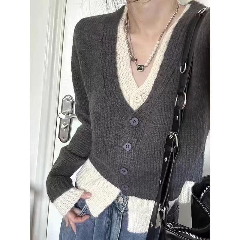 Mock Two-Piece V-Neck Two-Tone Button-Up Cardigan Product Image