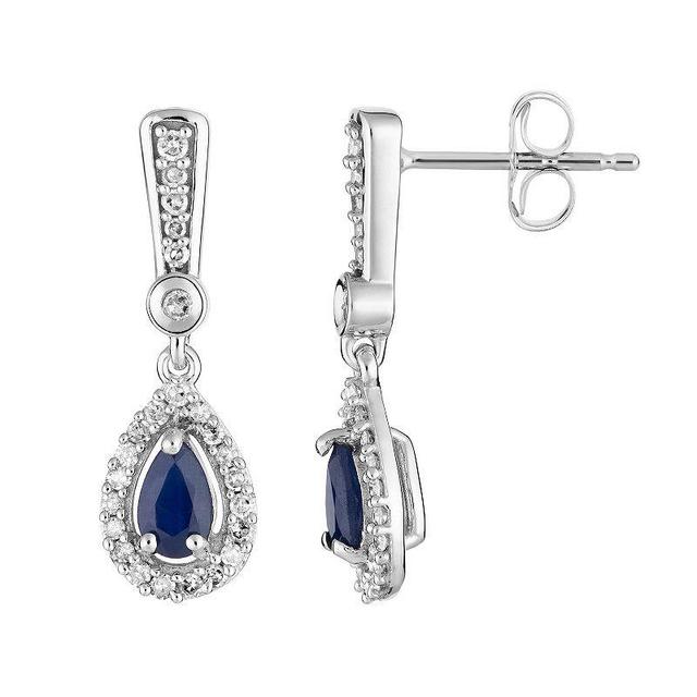 10k White Gold Sapphire & 1/5 Carat T.W. Diamond Halo Drop Earrings, Womens, Blue Product Image