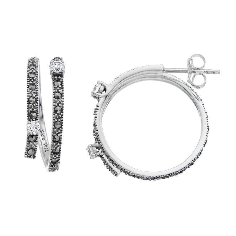 Lavish by TJM Sterling Silver Cubic Zirconia & Marcasite Double Row Hoop Earrings, Womens Product Image