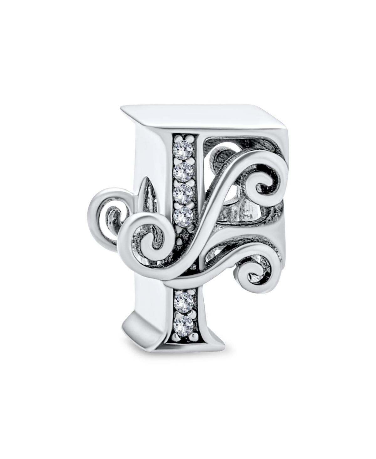 Bling Jewelry Fancy Scroll Cz Sparkle Block Letter A-z Alphabet Initial Charm Bead For Women Shiny .925 Sterling Silver For European Bracelet - Silver Product Image