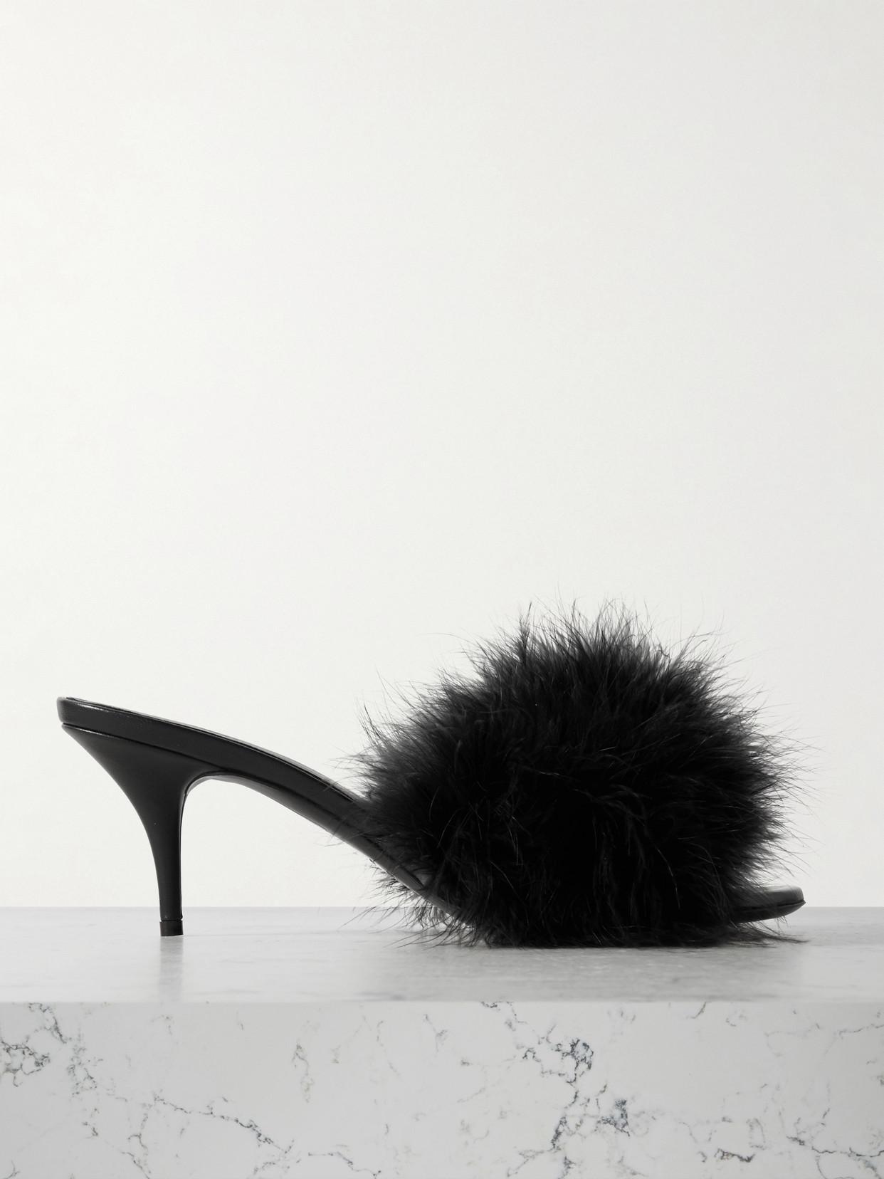 BALENCIAGA Boudoir Feather-trimmed Leather Mules In Black Product Image