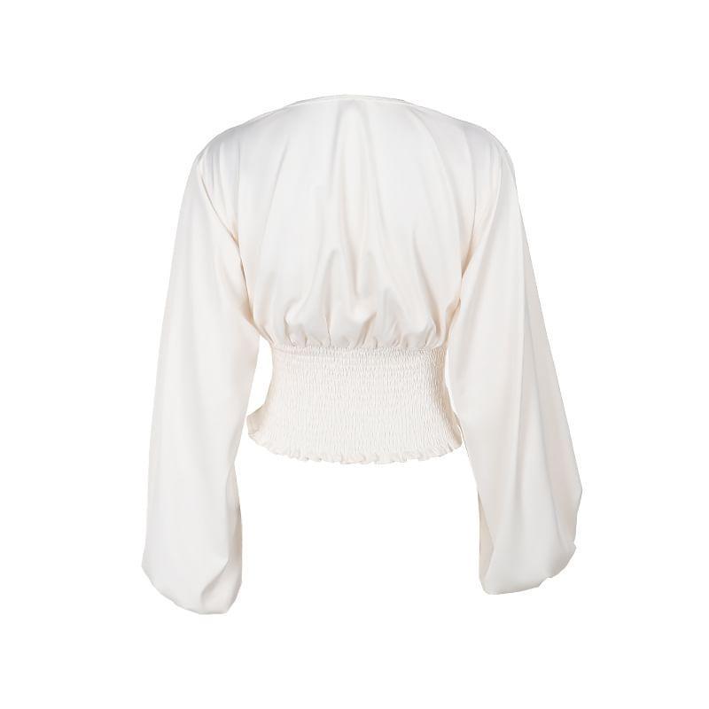 Puff Sleeve V-Neck Plain Satin Lace-Up Slim-Fit Crop Blouse Product Image