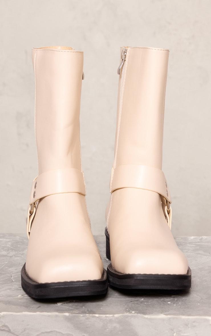 Beige PU Square Toe Buckle Detail Ankle Boots Product Image