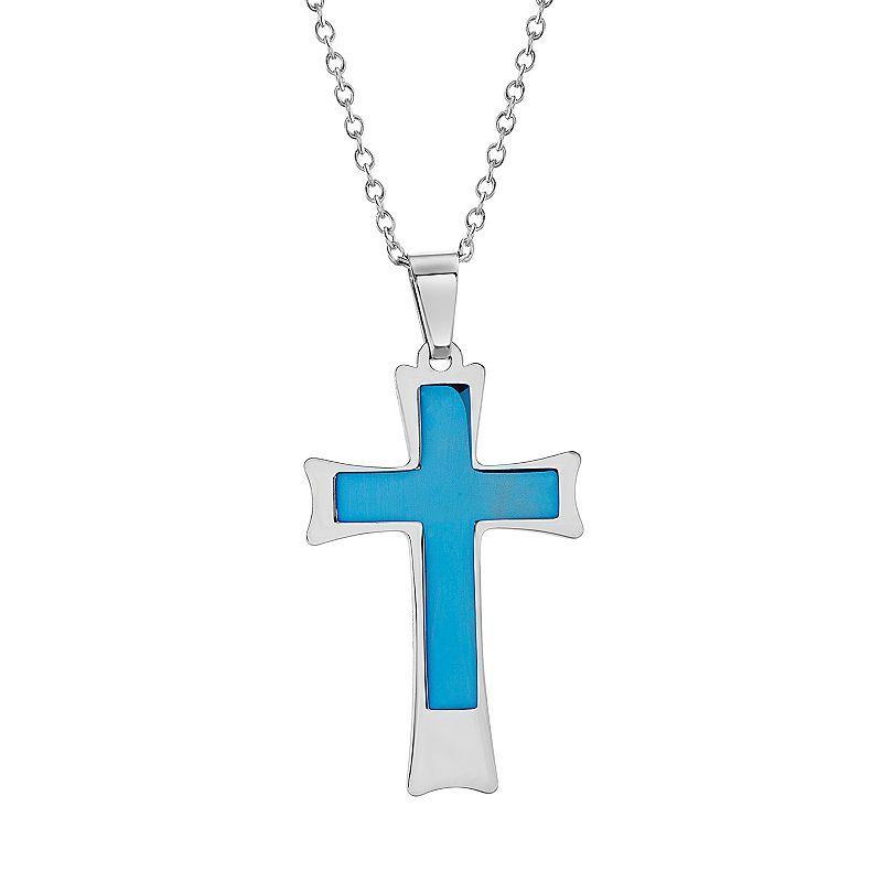 1913 Mens Stainless Steel Cross Pendant with Blue Ion Plating Two Tone Product Image