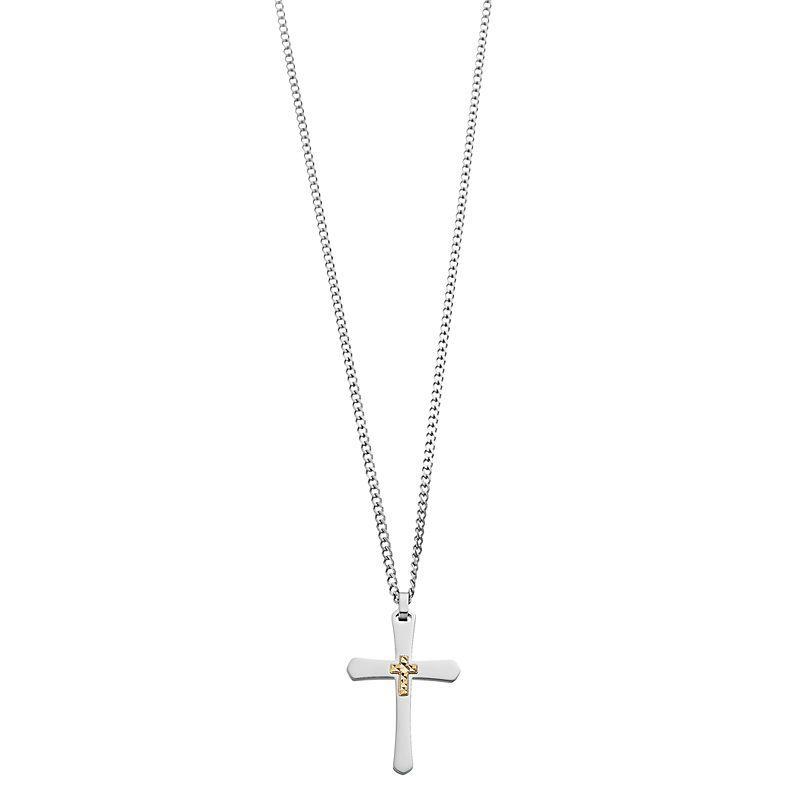 Kristen Kesho 14k Gold Diamond Cut Cross on Stainless Steel Cross Pendant Necklace, Mens Silver Product Image