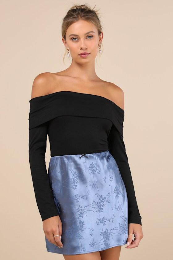 Darling Moves Blue Satin Jacquard Mini Skirt Product Image