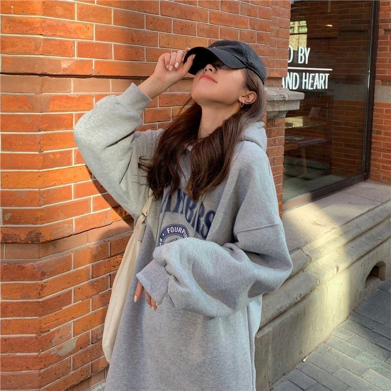 Long Sleeve Lettering Print Slit Fleece-Lined Midi A-Line Hoodie Dress Product Image