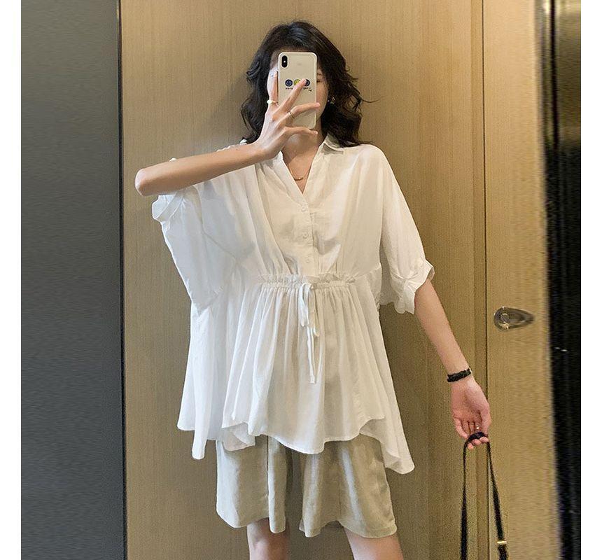 Maternity Short-Sleeve Plain Asymmetrical Shirt / High Waist Shorts Product Image