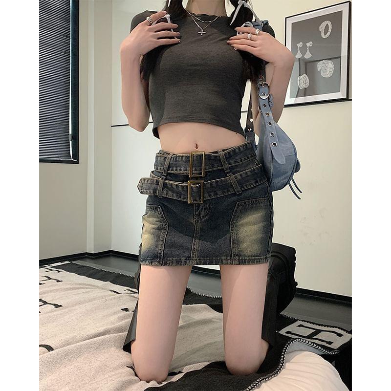 High Rise Washed Denim Pencil Mini Skirt Product Image