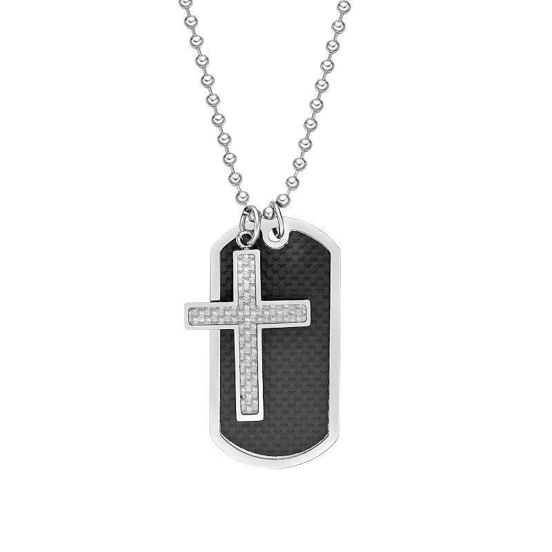 Mens LYNX Stainless Steel Carbon Fiber Inlay Dog Tag & Cross Pendant Necklace Product Image