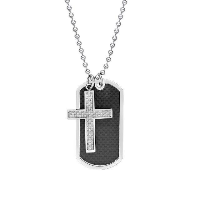 Mens LYNX Stainless Steel Carbon Fiber Inlay Dog Tag & Cross Pendant Necklace White Product Image