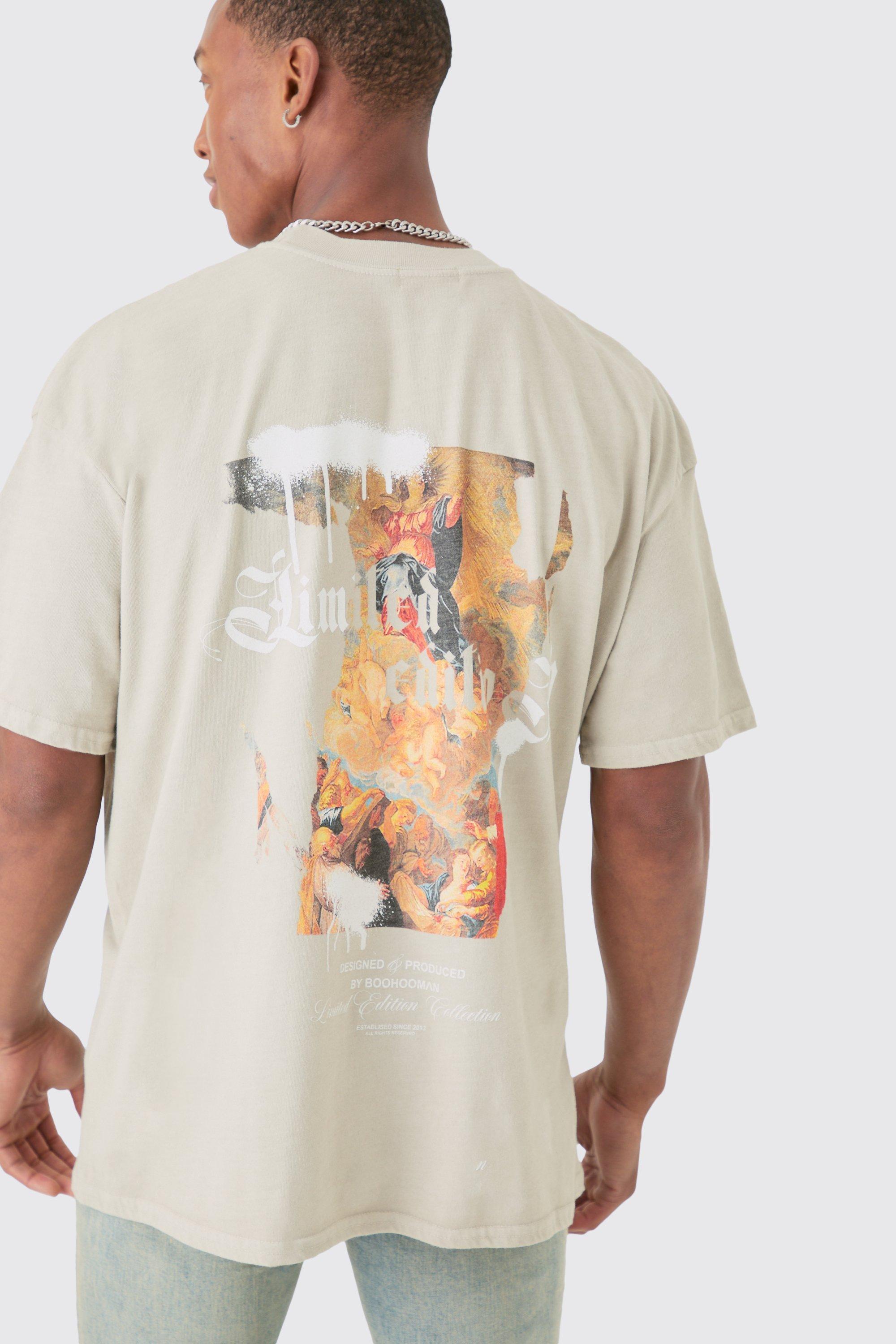 Oversized Extended Neck Wash Renaissance Back Print T-shirt | boohooMAN USA Product Image