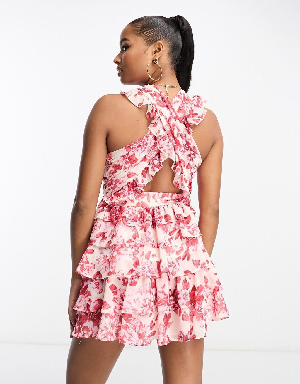 Ever New Petite cut-out waist mini dress in red floral  Product Image