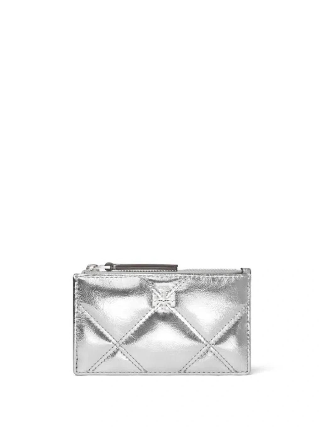 TORY BURCH Kira Metallic Diamond Quilt Zip Card Case In Silver Product Image