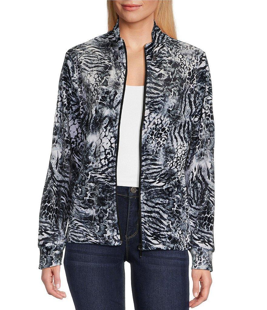 Leo & Nicole Velour Allover Print Stand Collar Long Sleeve Pocketed Zip Front Jacket Product Image