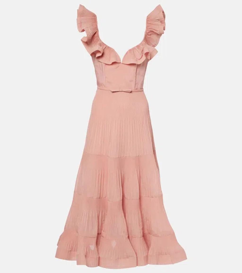 ZIMMERMANN Ruffled Pleated Midi Dress In Pink Product Image