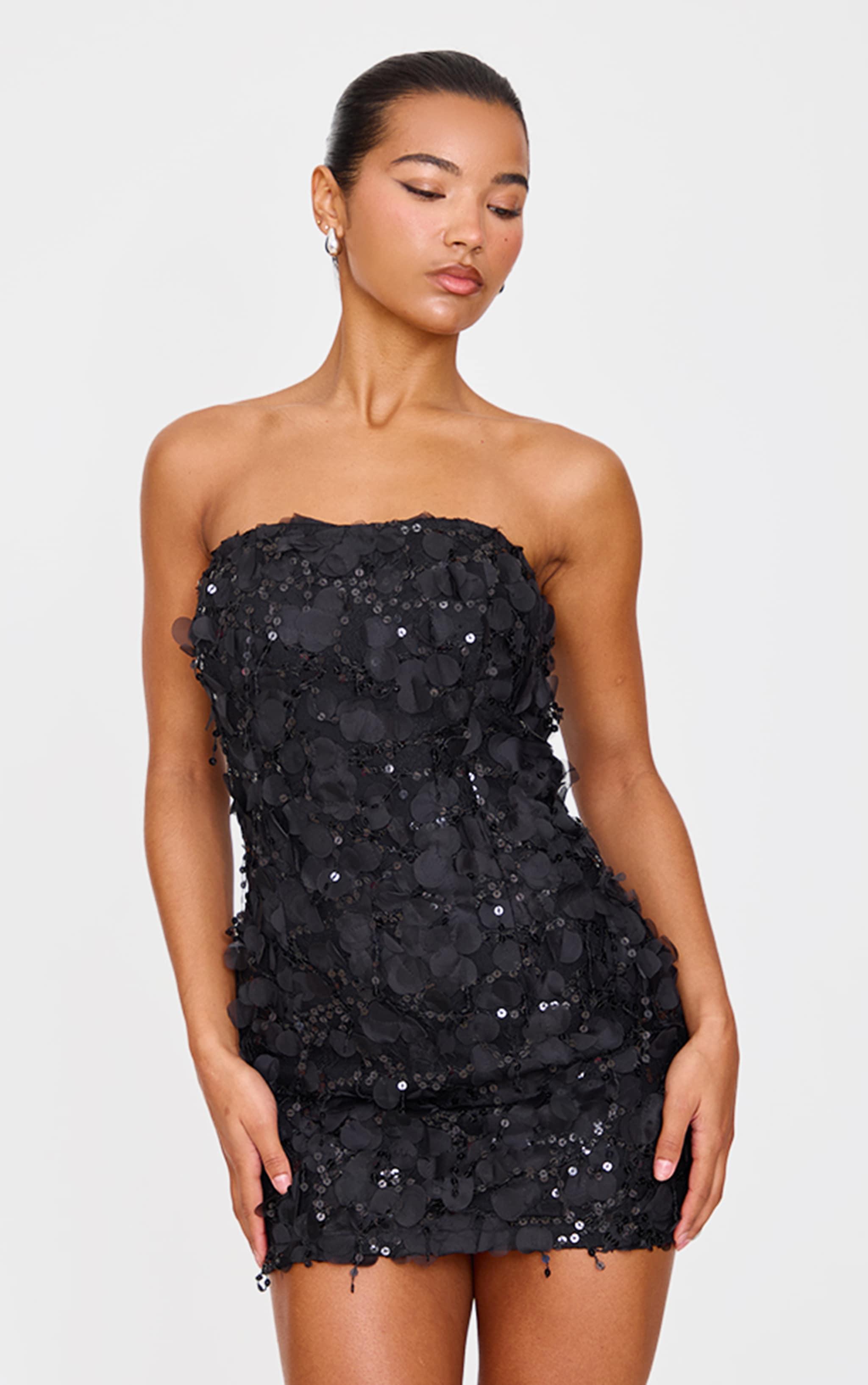 Black Textured Sequin Bandeau Bodycon Dress Product Image