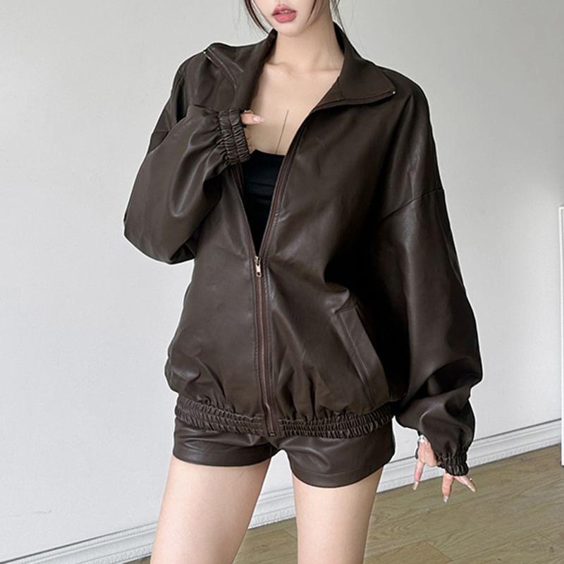 Stand Collar Plain Faux Leather Zip Jacket / Mid Rise Shorts Product Image